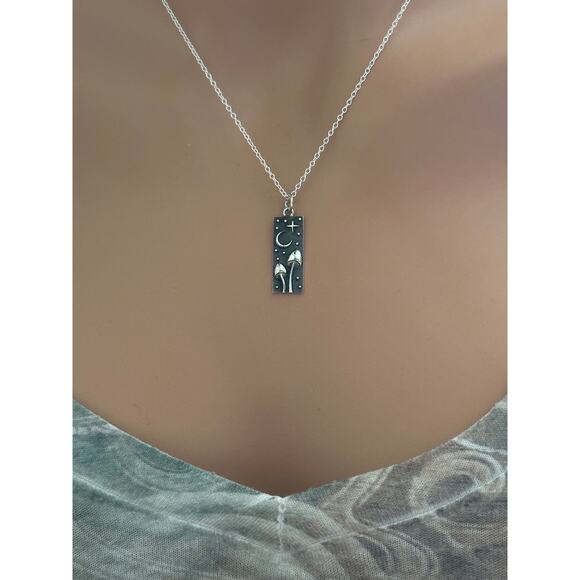 Sterling Silver Mushroom Moon Stars Necklace,  Mushroom Moon Stars Necklace - Picture 3 of 5